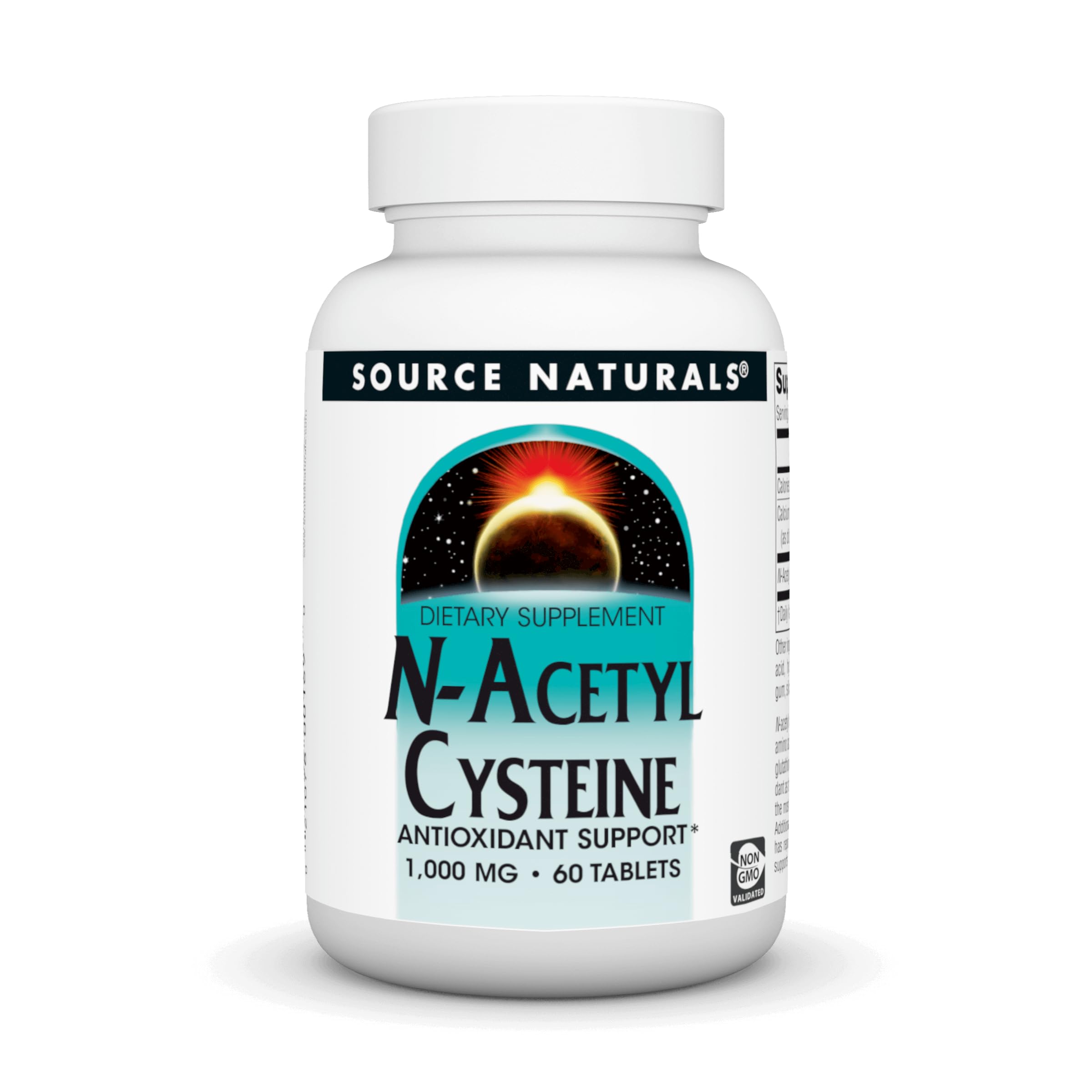 Bottle of Source Naturals N-Acetyl Cysteine 1000 mg dietary supplement with 60 tablets