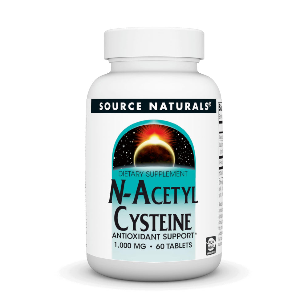 Bottle of Source Naturals N-Acetyl Cysteine 1000 mg dietary supplement with 60 tablets