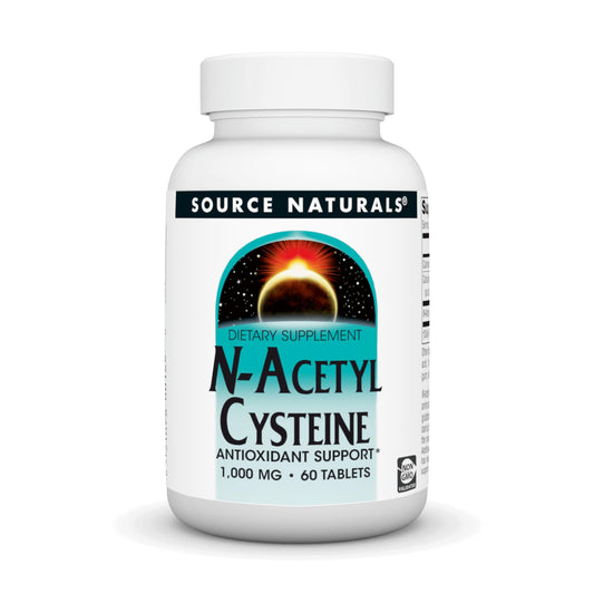 Bottle of Source Naturals N-Acetyl Cysteine 1000 mg dietary supplement with 60 tablets