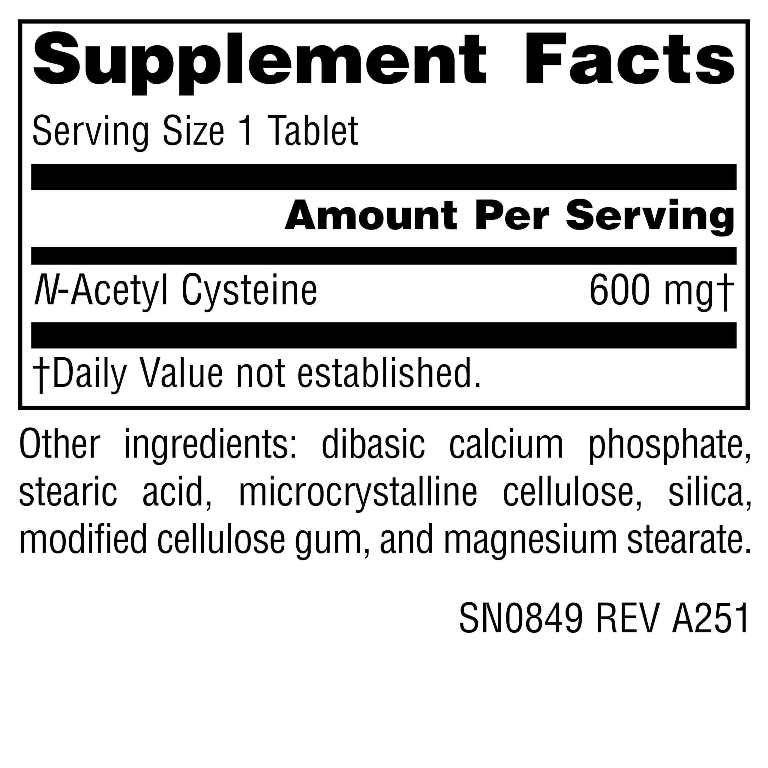 Supplement facts panel for NAC 600 mg