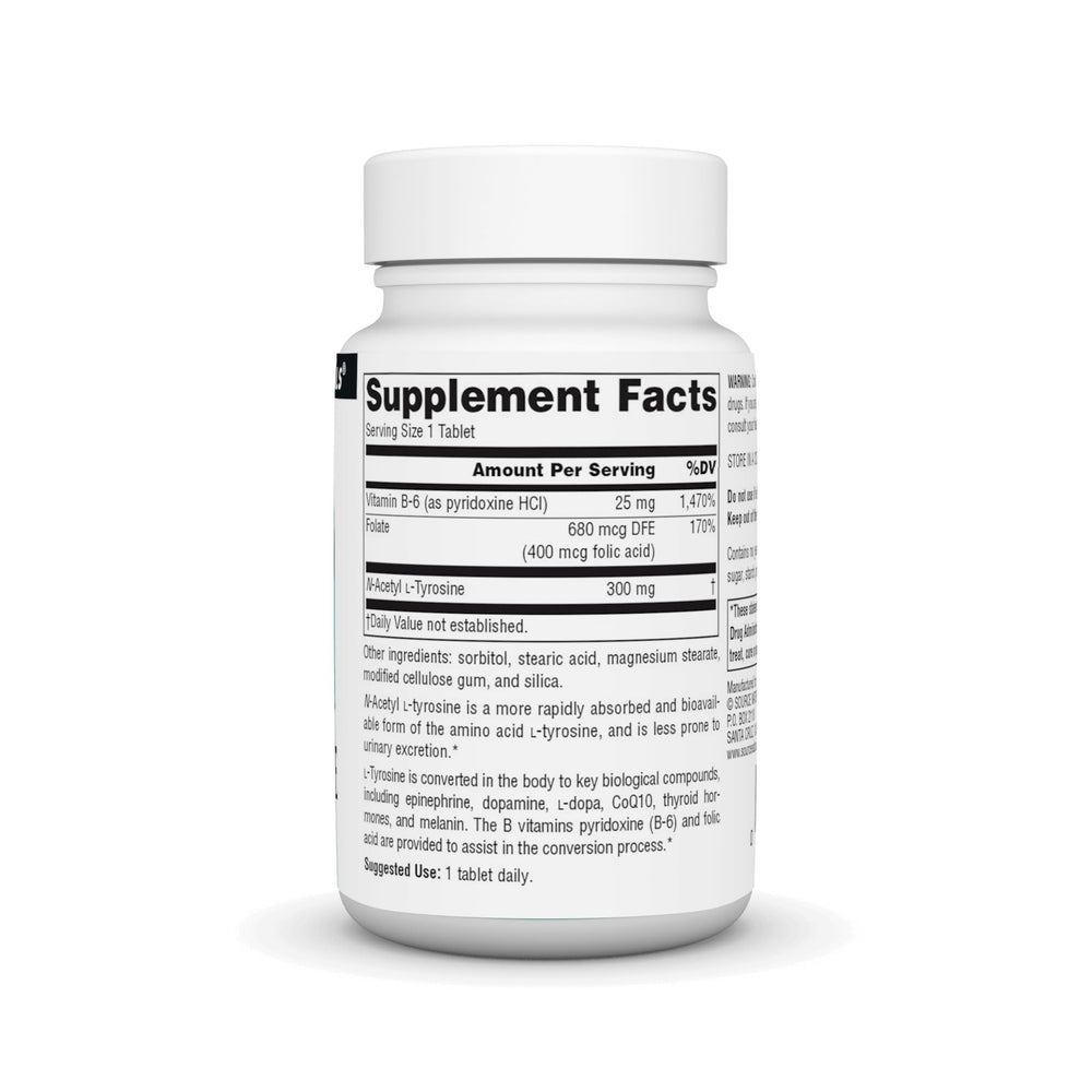 Bottle side view of Source Naturals N-Acetyl L-Tyrosine 300 mg 60 tablets