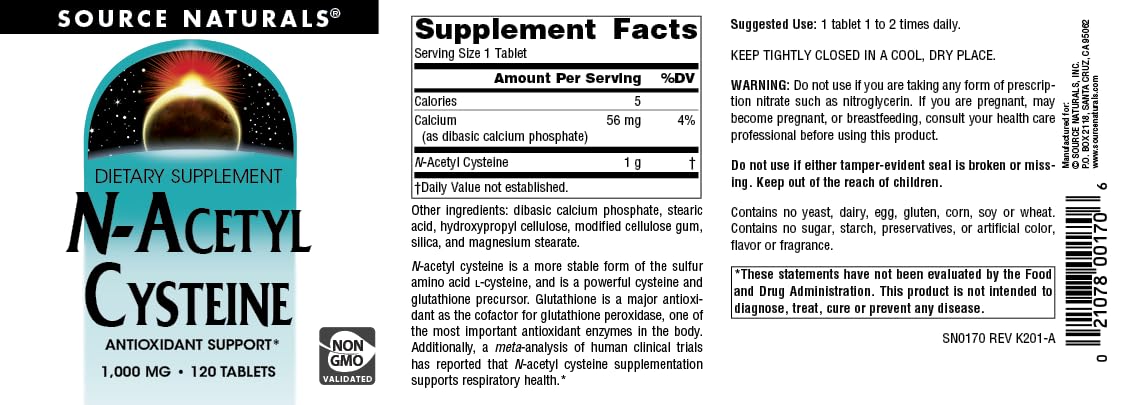 Nutrition label image for Source Naturals NAC 1000 mg 120 tablets