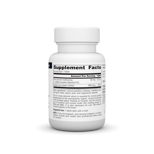 Close-up of OptiZinc bottle label highlighting zinc monomethionine