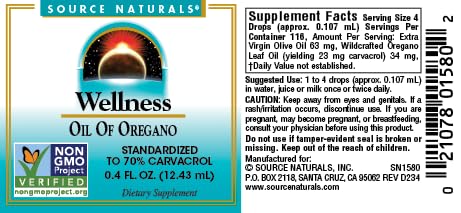 Close-up of Source Naturals oregano oil bottle with label