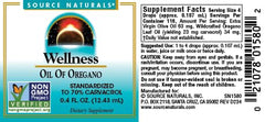 Close-up of Source Naturals oregano oil bottle with label