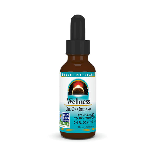 Source Naturals Oregano Oil bottle showing 70% carvacrol, 0.4 fl oz