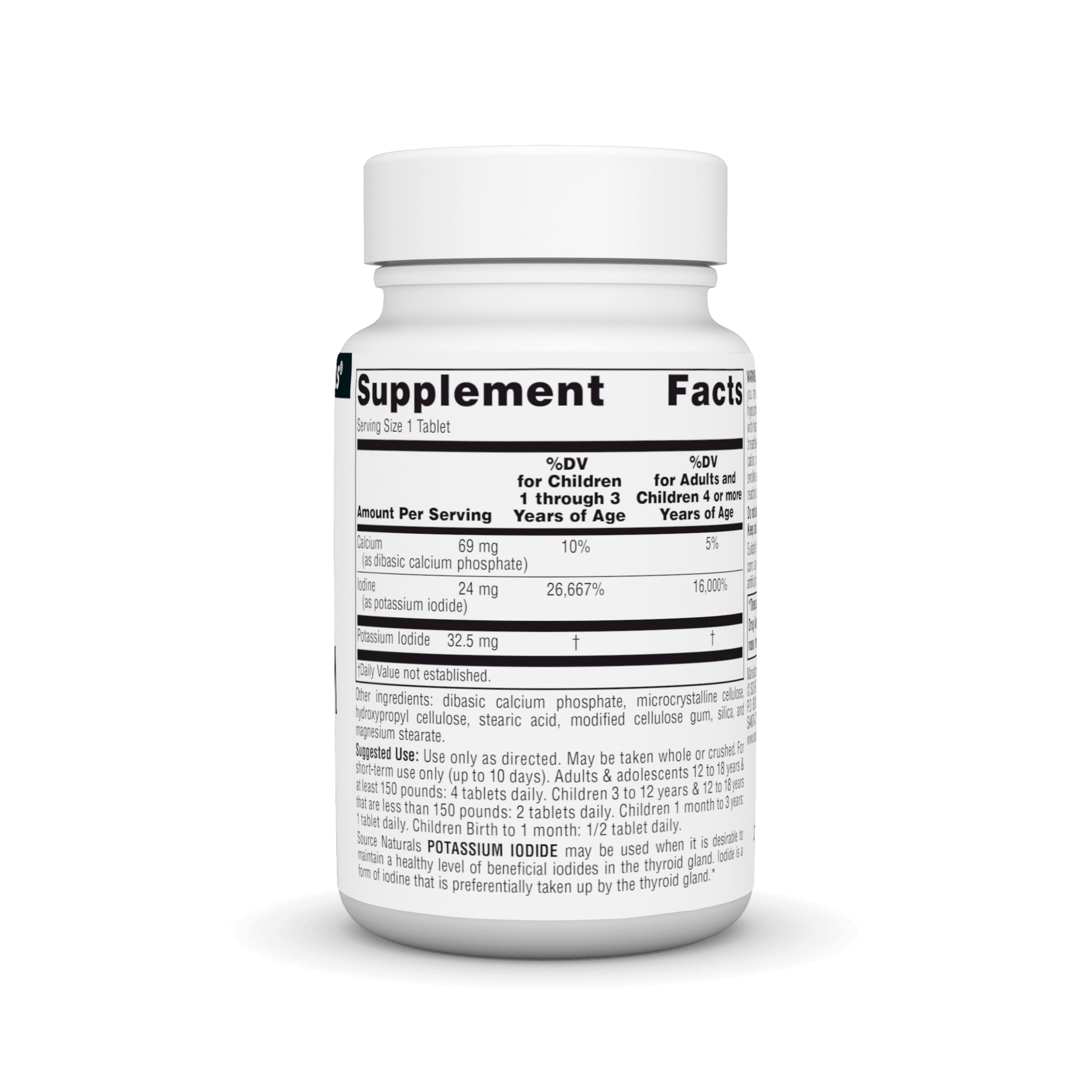 Back of bottle showing supplement facts and warnings for Source Naturals Potassium Iodide
