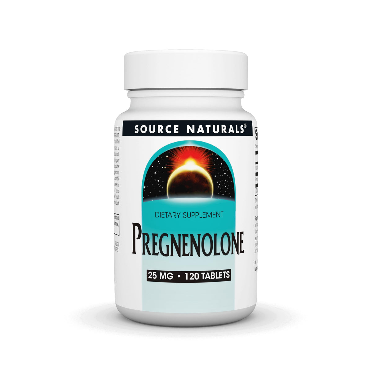 Bottle front view of Source Naturals Pregnenolone 25mg 120 tablets