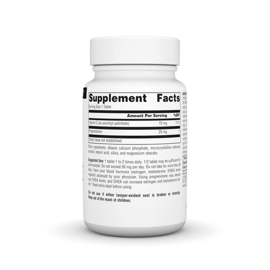 Bottle side view showing the label of Source Naturals Pregnenolone 25mg