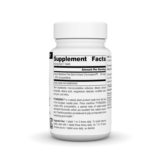 Close-up of Pycnogenol 50 mg label on the bottle