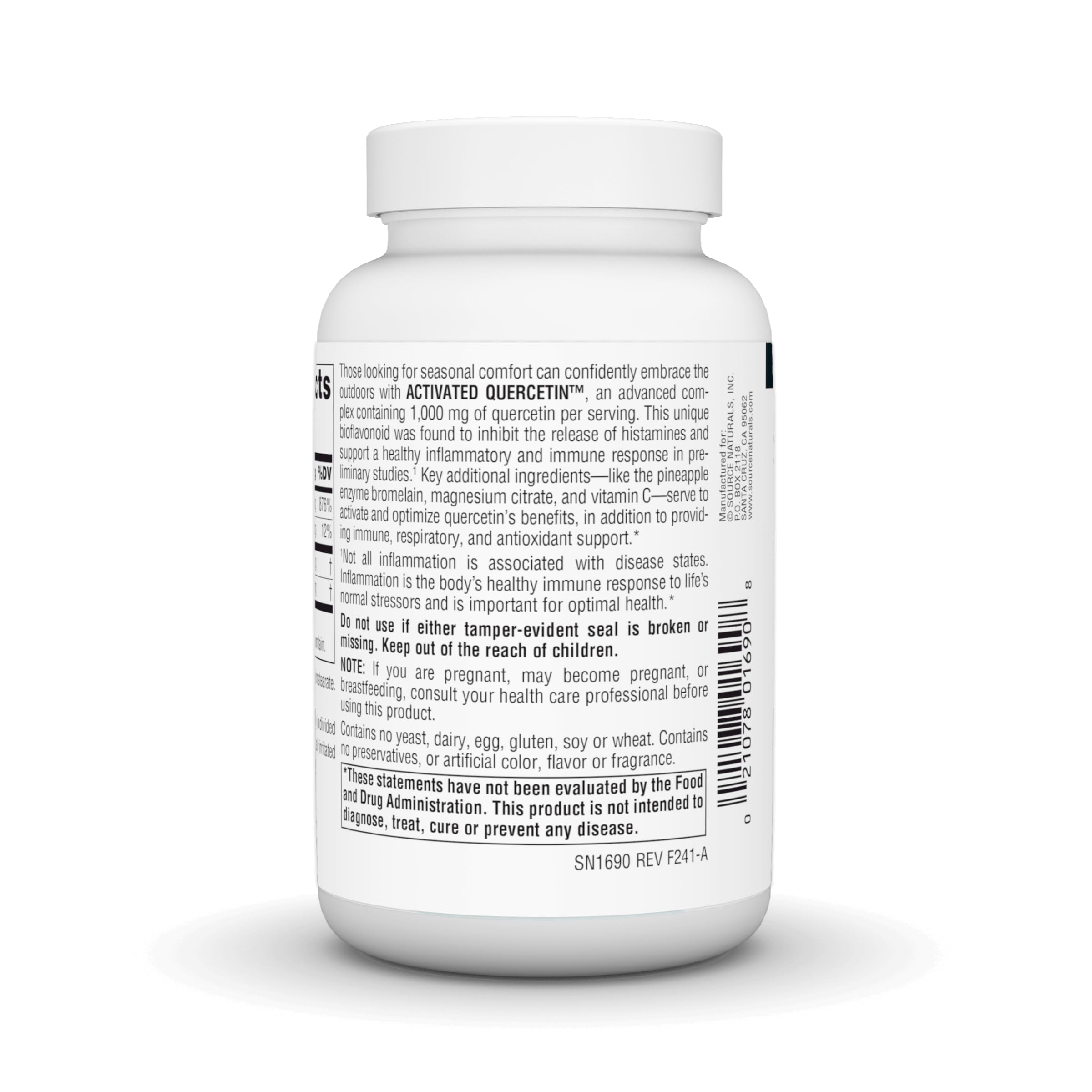 Close-up showing quercetin, bromelain, magnesium citrate and vitamin C ingredients
