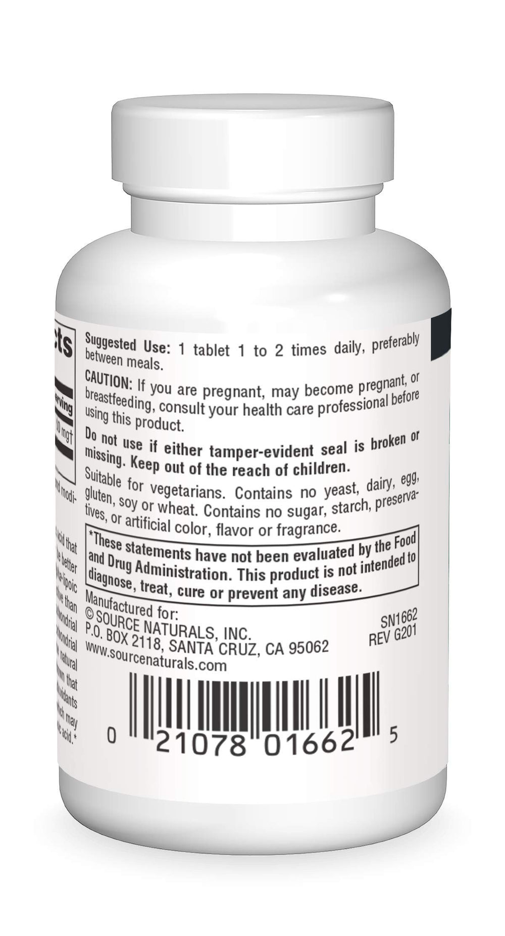 Back of the bottle showing supplement facts and ingredients
