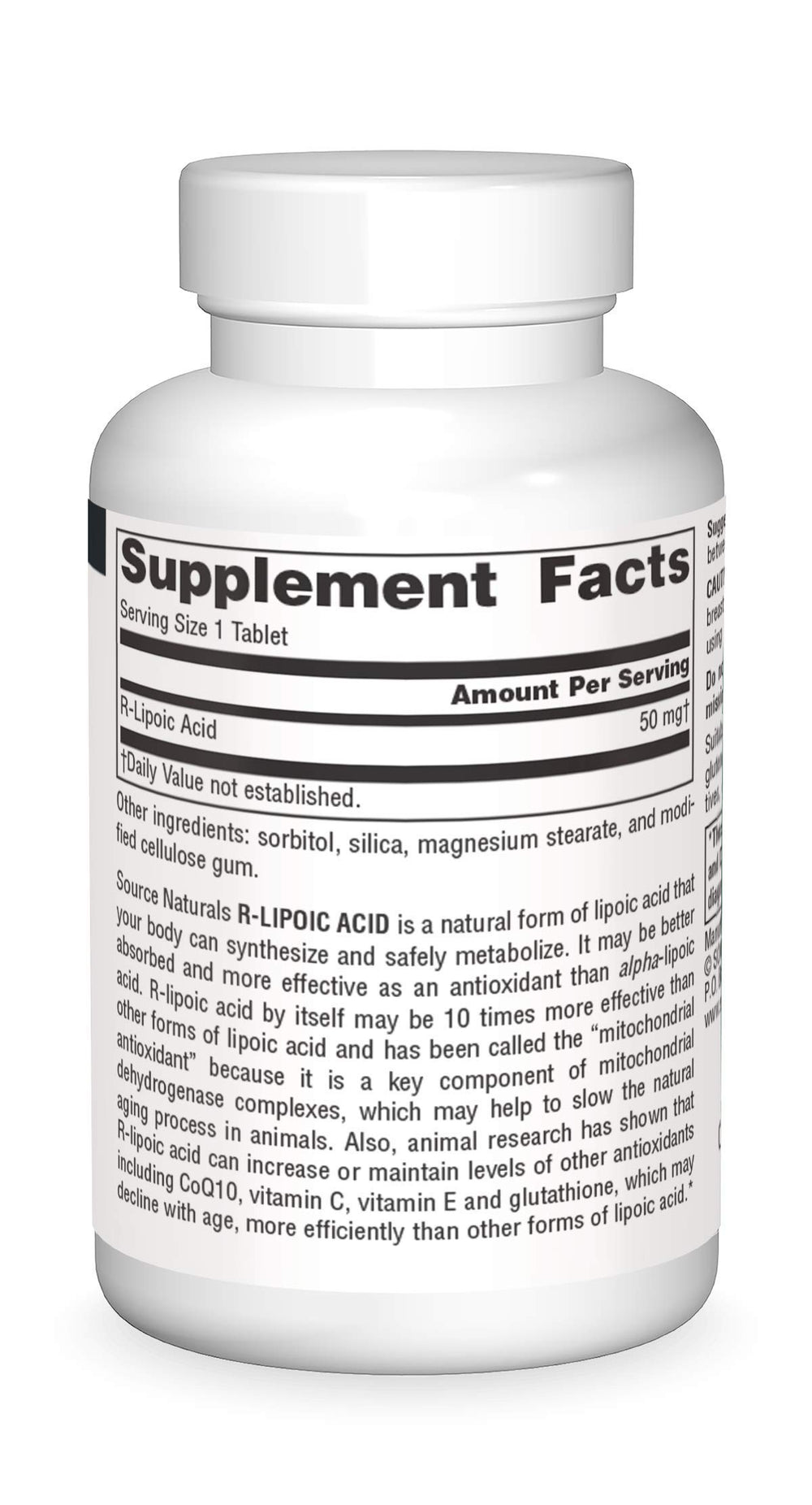 Close-up of the label on Source Naturals R-Lipoic Acid bottle