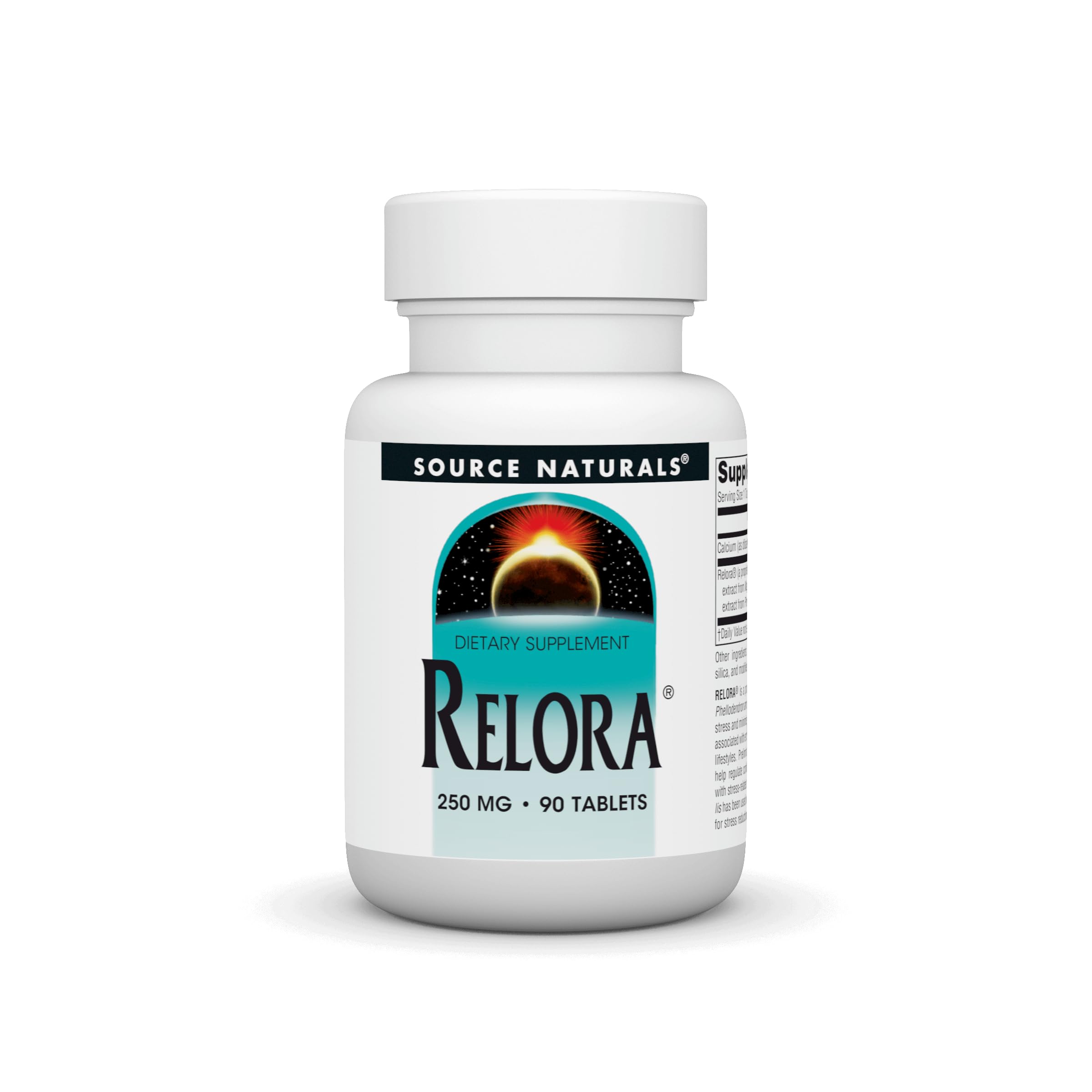 Source Naturals Relora 90-tablet bottle with 250 mg tablets