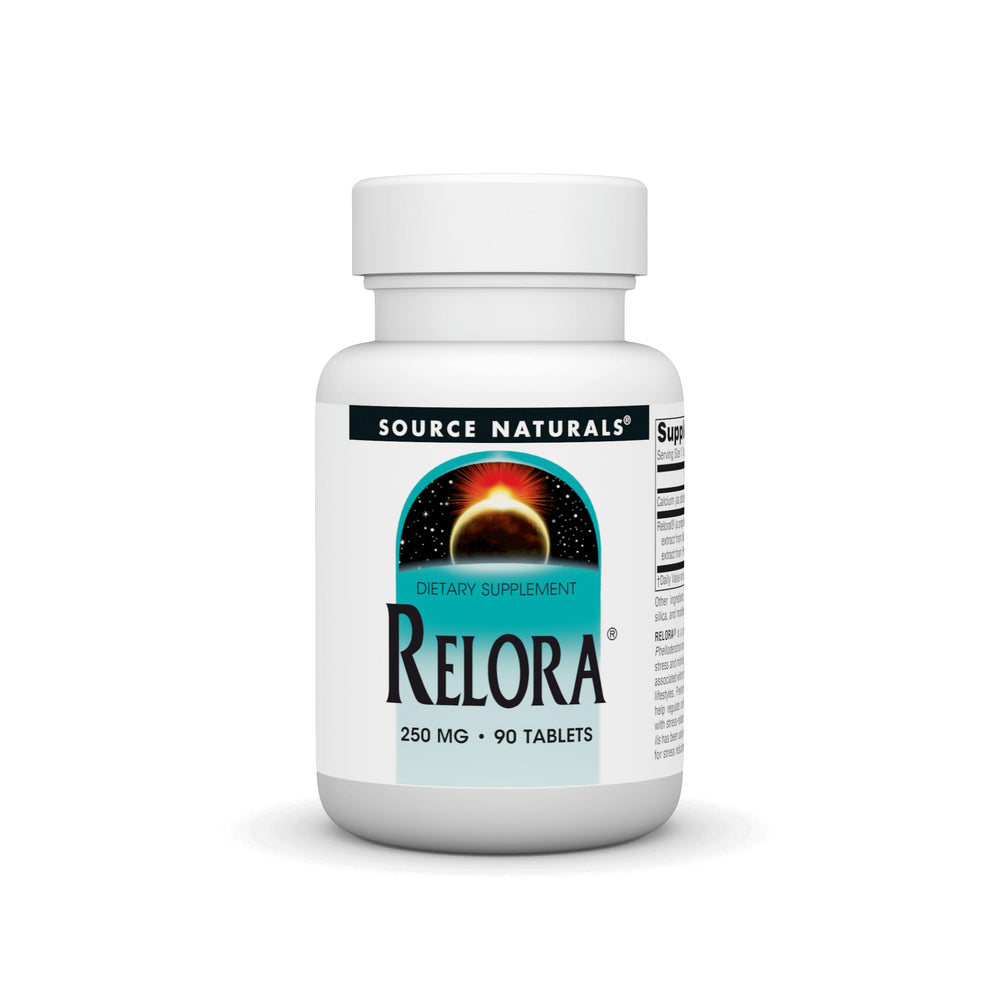 Source Naturals Relora 90-tablet bottle with 250 mg tablets