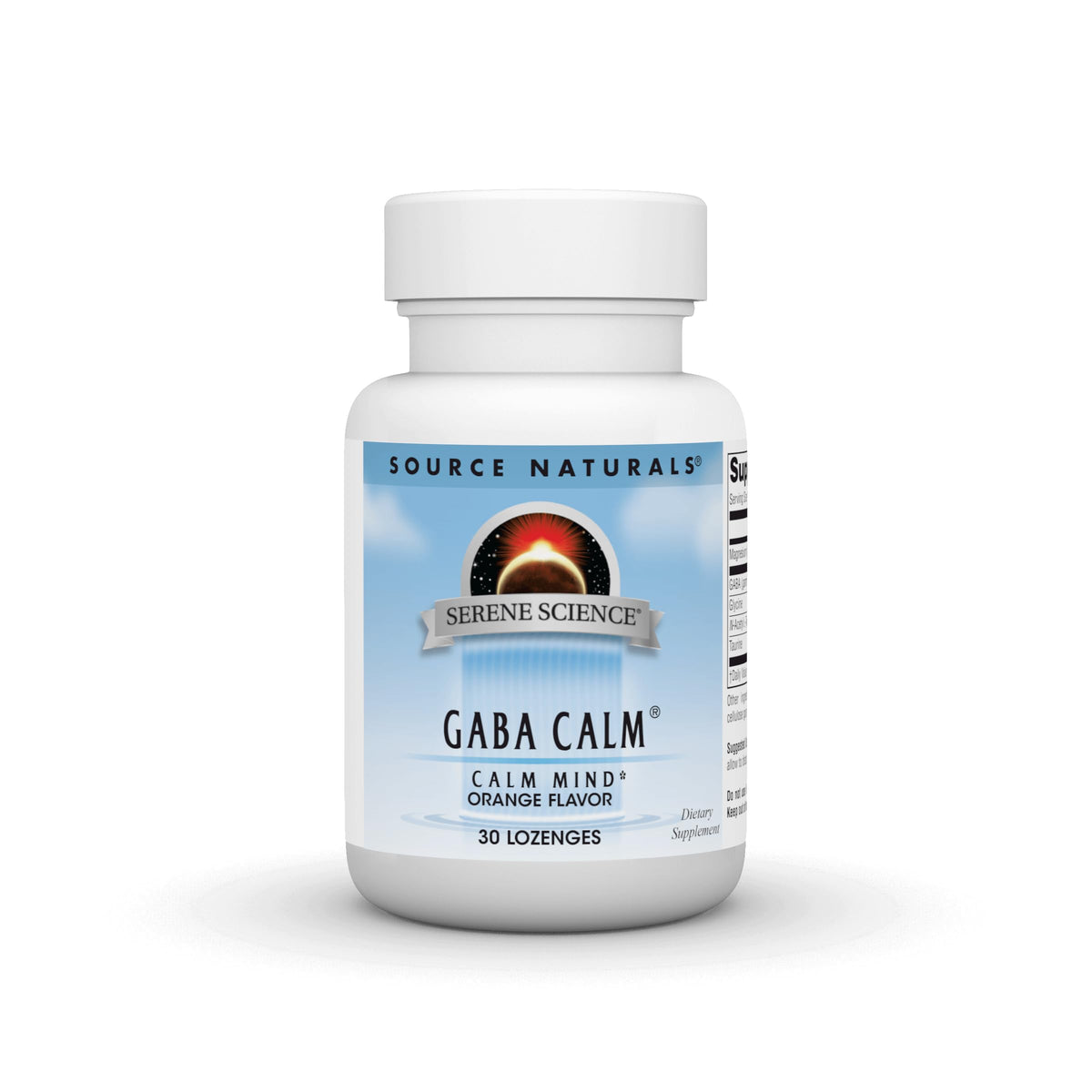 Bottle label for Source Naturals Serene Science GABA 125 mg Orange Flavored Lozenges