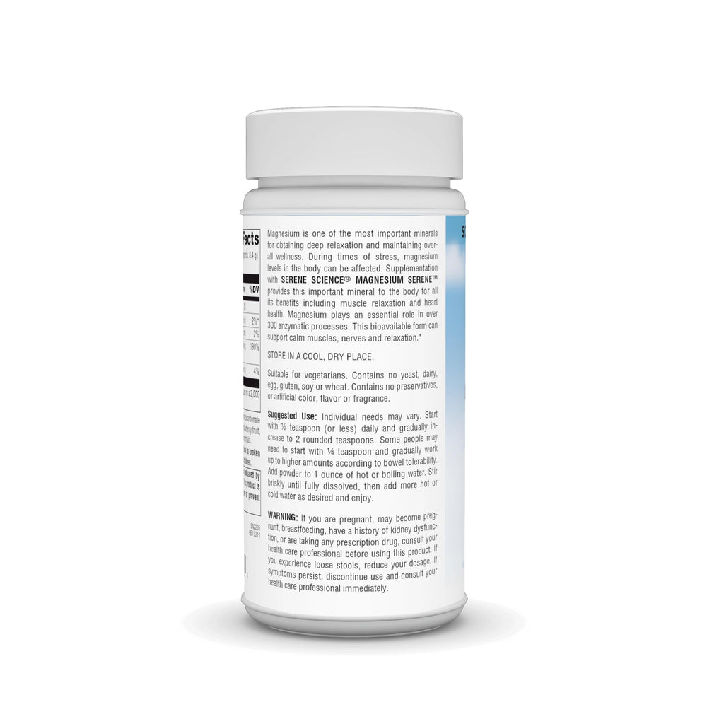 Nutrition facts panel for Serene Berry magnesium powder