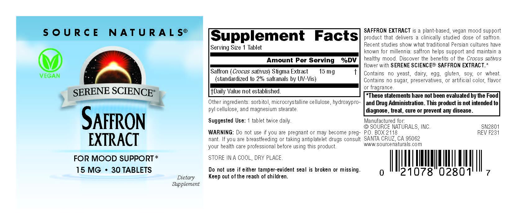 Ingredients and supplement facts panel for Source Naturals Saffron Extract