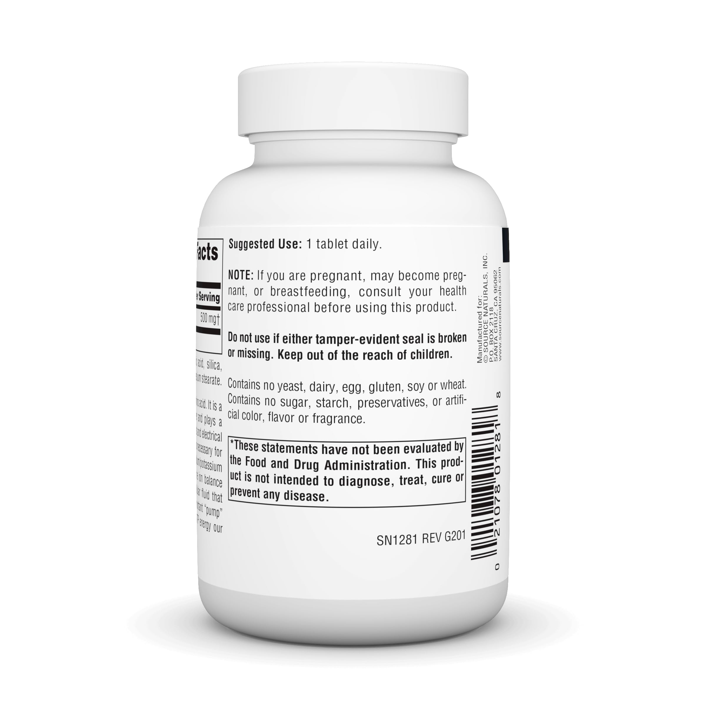 Close-up of Taurine 500 mg tabs label