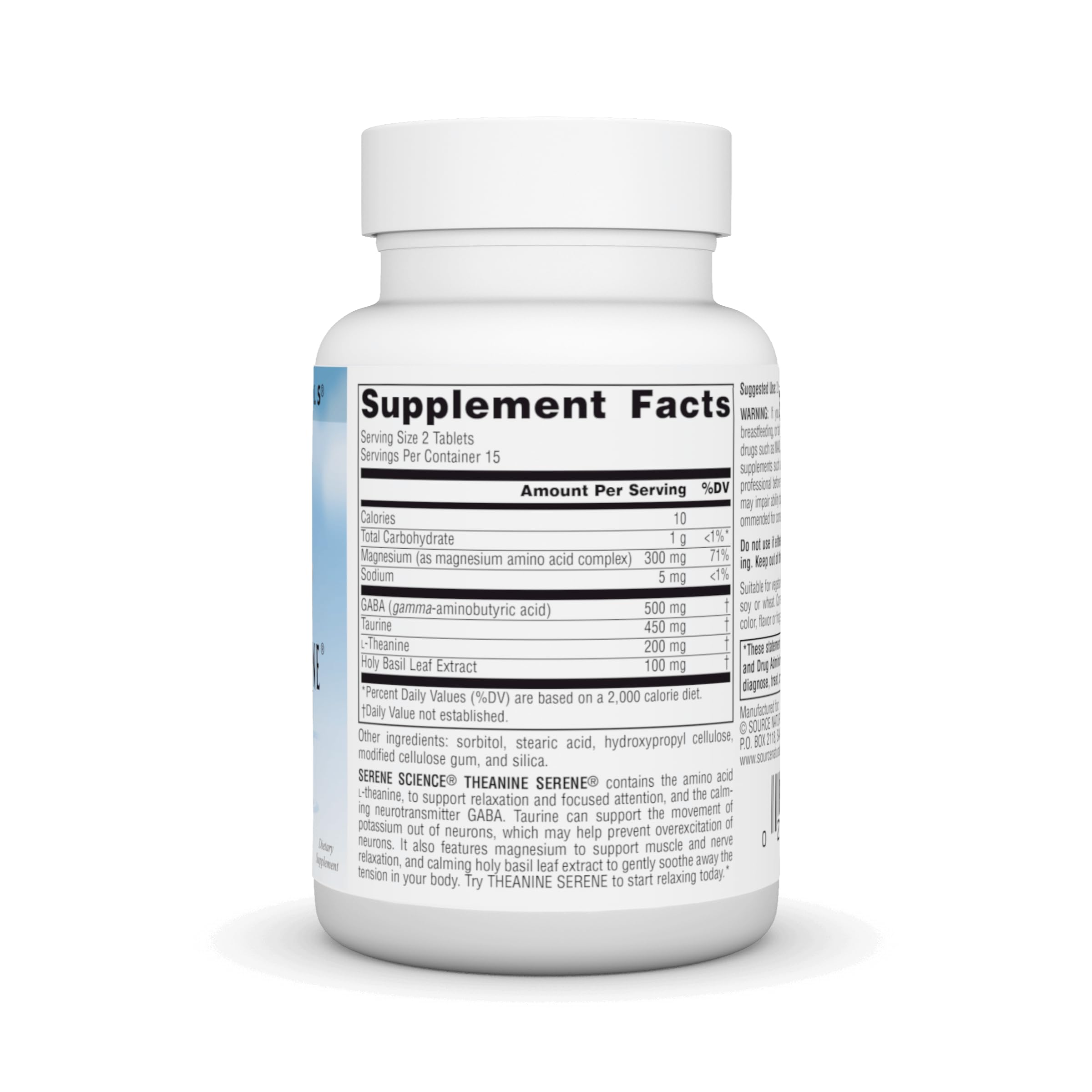 Back label with supplement facts for Theanine Serene