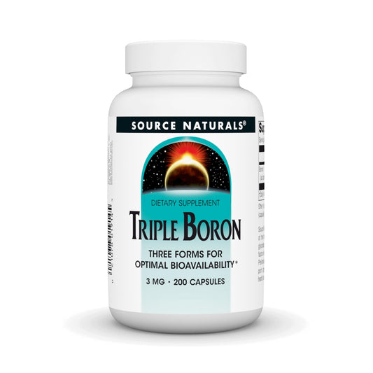 Source Naturals Triple Boron bottle highlighting three forms: citrate, aspartate, glycinate