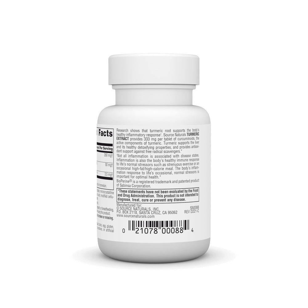Nutrition facts panel for Source Naturals Turmeric Extract