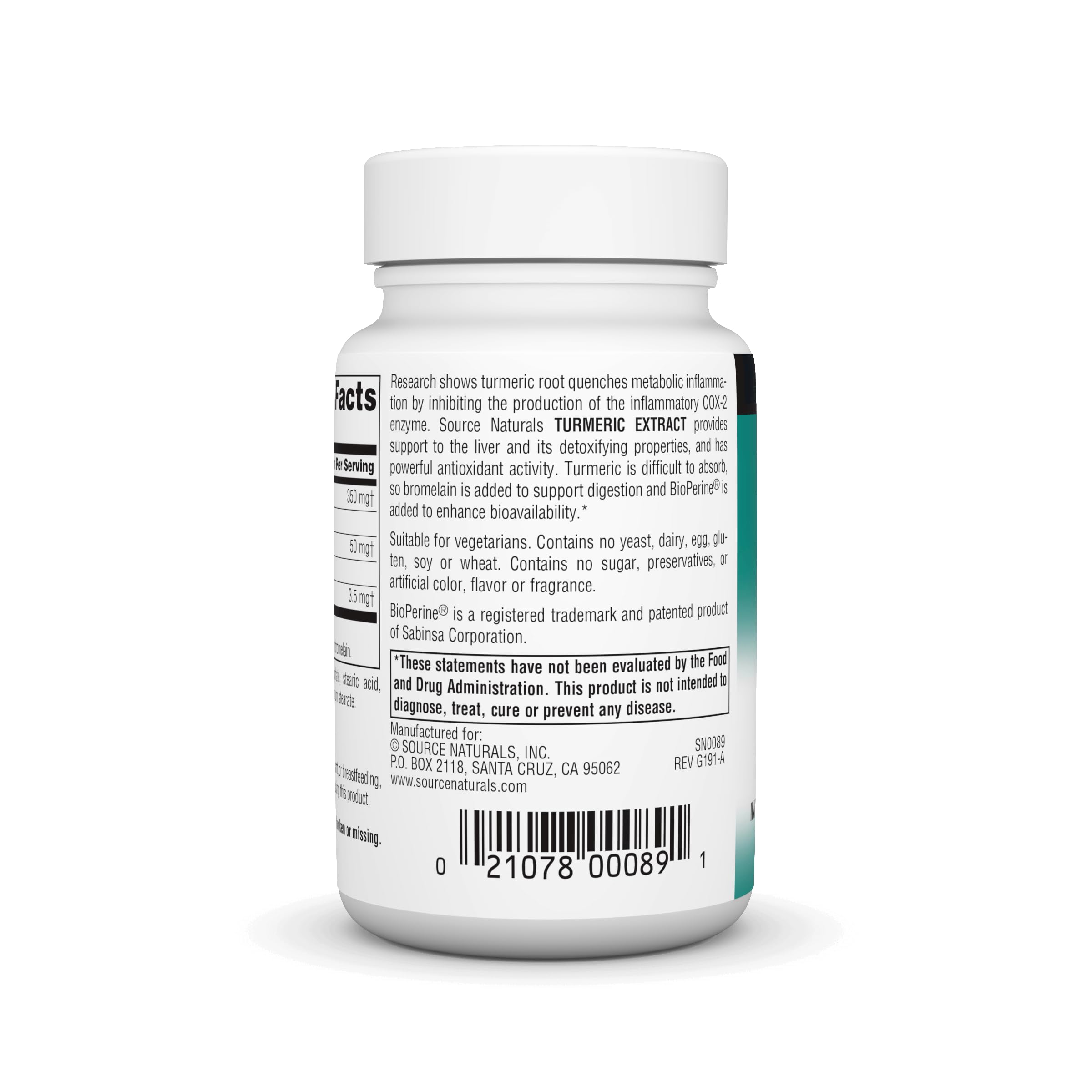 Bottle label highlighting standardized 95% curcumin