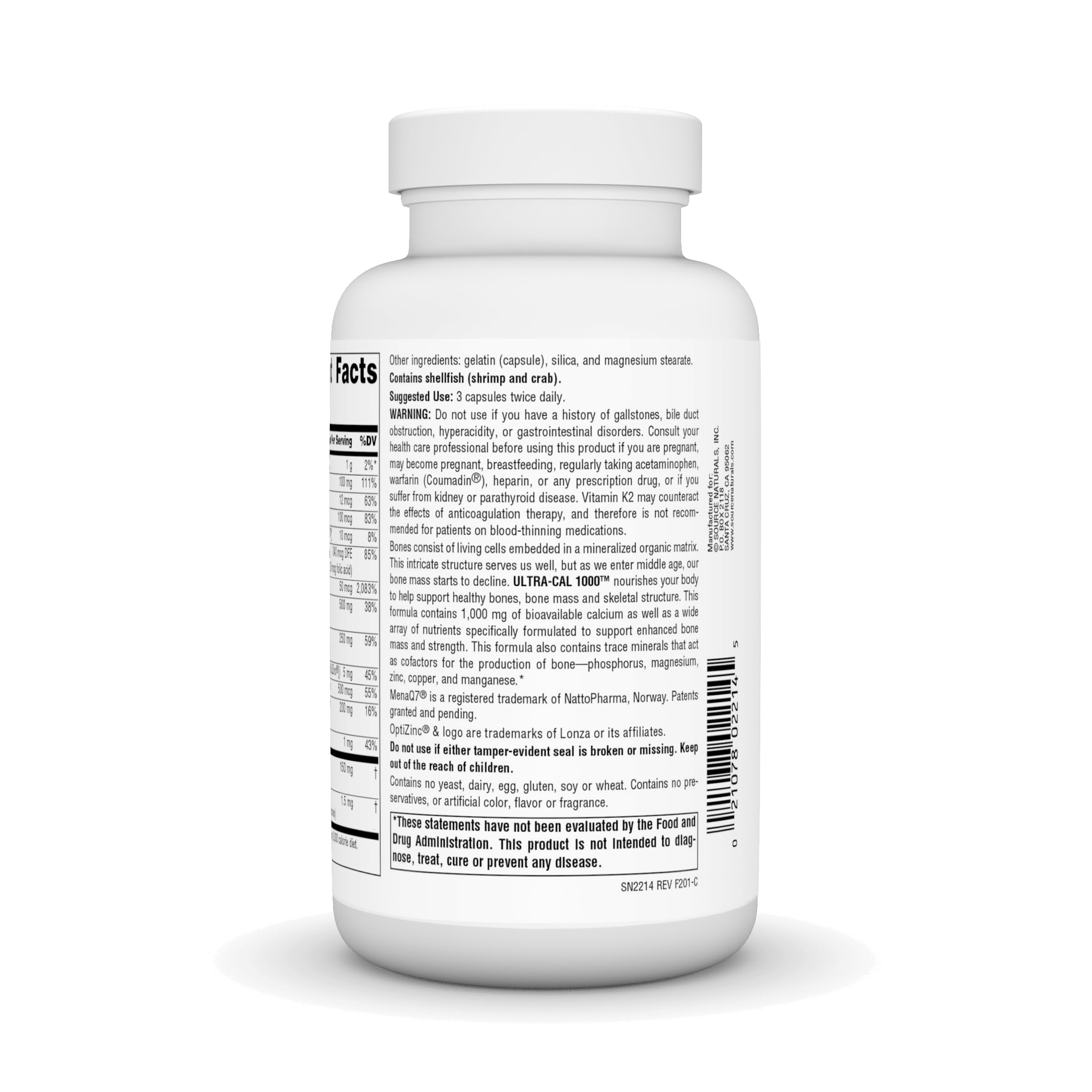 Nutrition facts panel for Source Naturals Ultra-Cal 1000