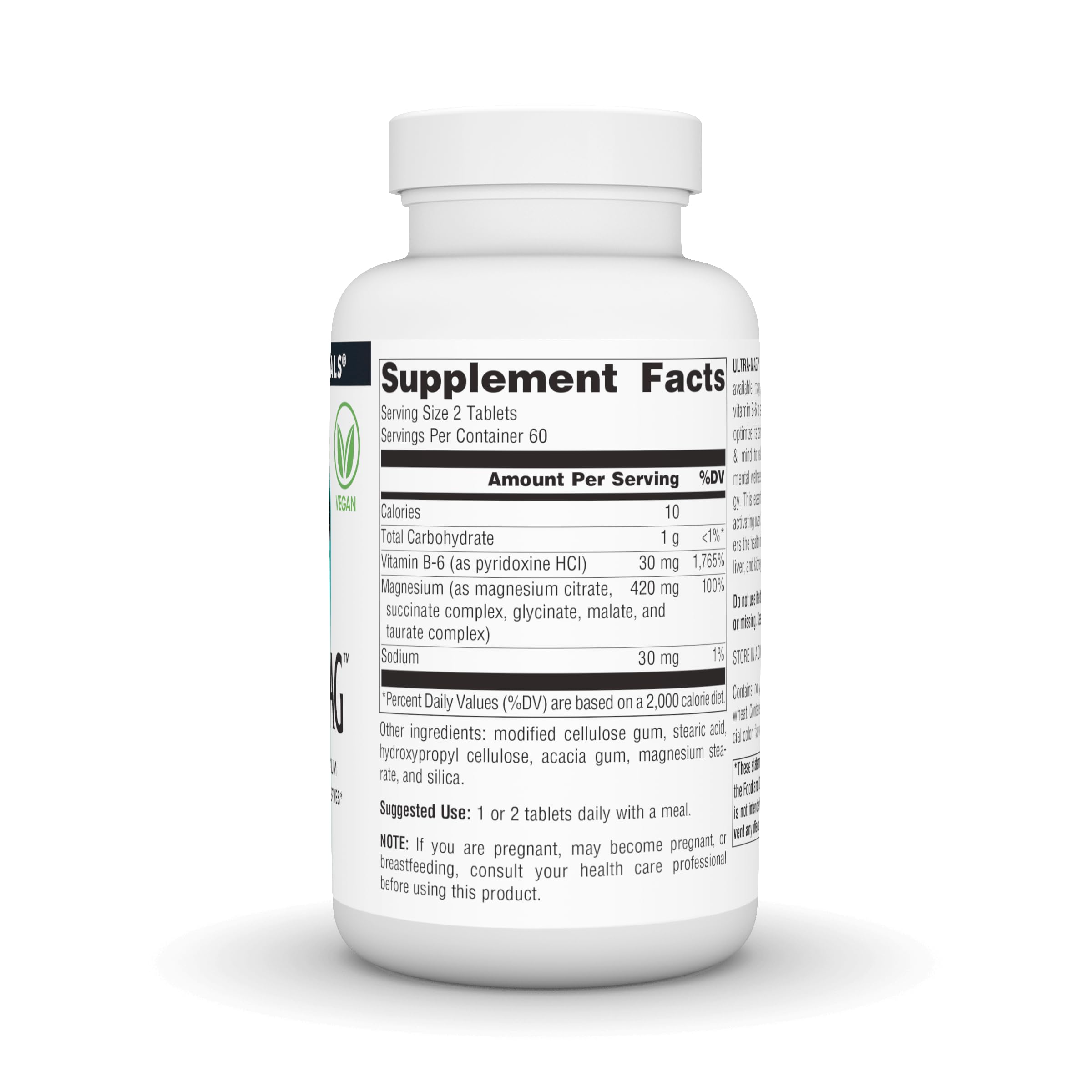 Close-up of Ultra-Mag label highlighting 5 bioavailable magnesium forms: citrate, taurinate, malate, glycinate, succinate