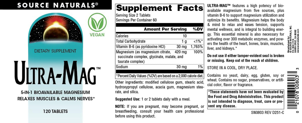 Supplement facts panel showing magnesium and vitamin B-6