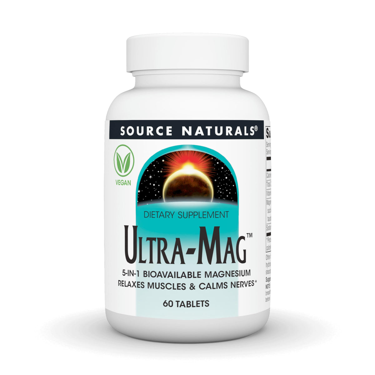 Front view of Source Naturals Ultra-Mag bottle with 60 vegan tablets