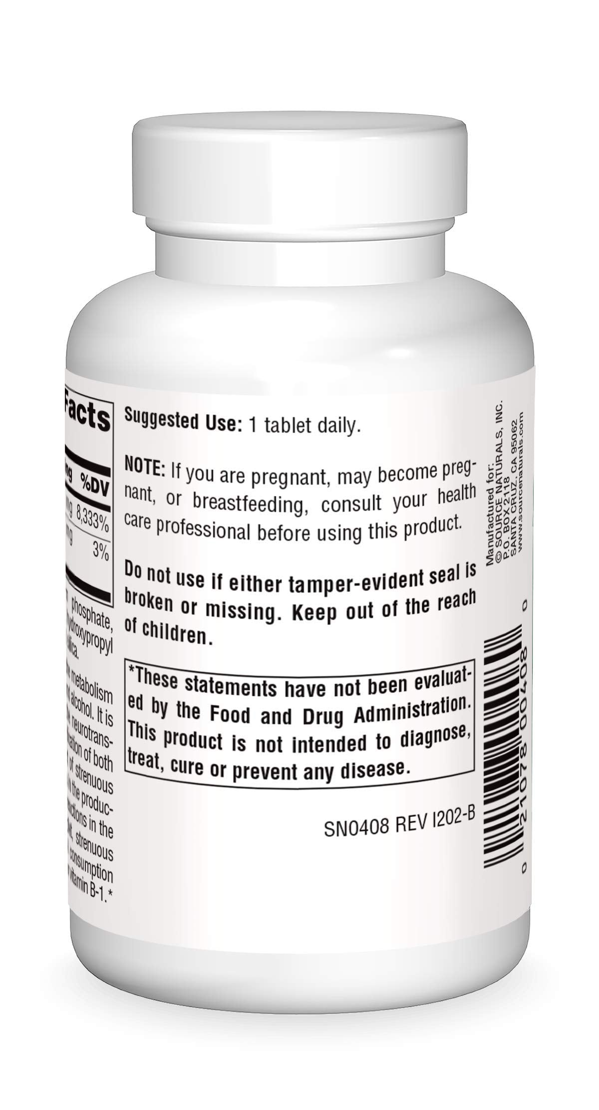 Close-up of Source Naturals Vitamin B-1 Thiamin 100 mg label on bottle