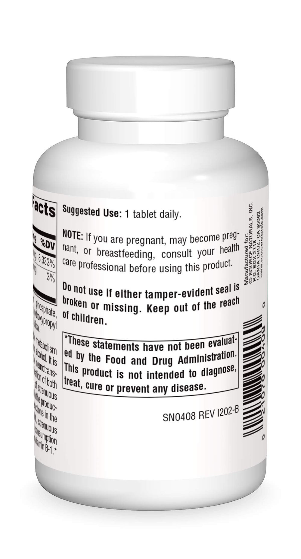 Close-up of Source Naturals Vitamin B-1 Thiamin 100 mg label on bottle