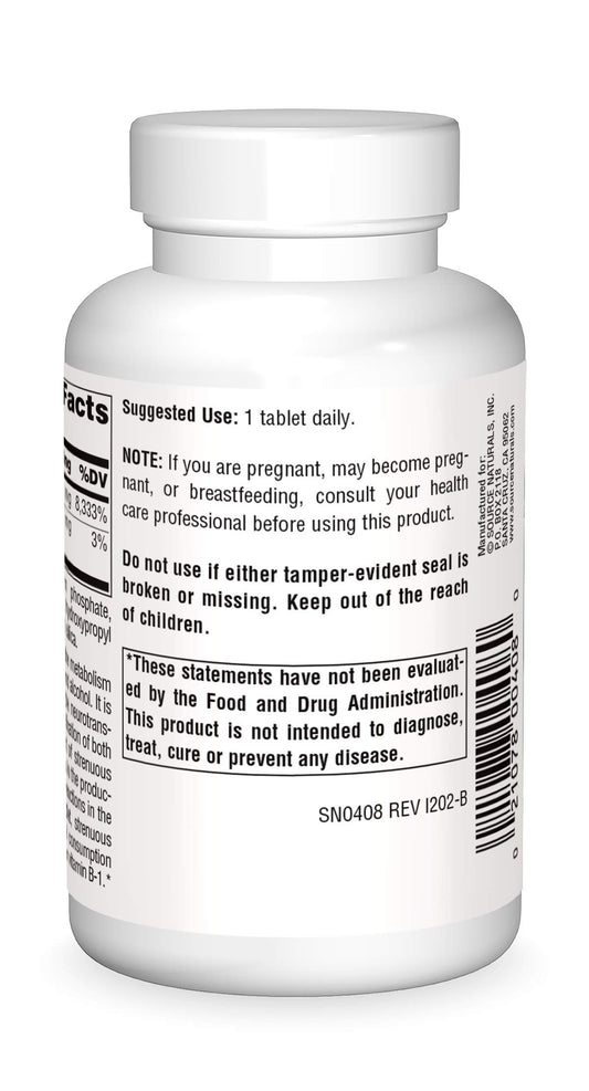 Close-up of Source Naturals Vitamin B-1 Thiamin 100 mg label on bottle