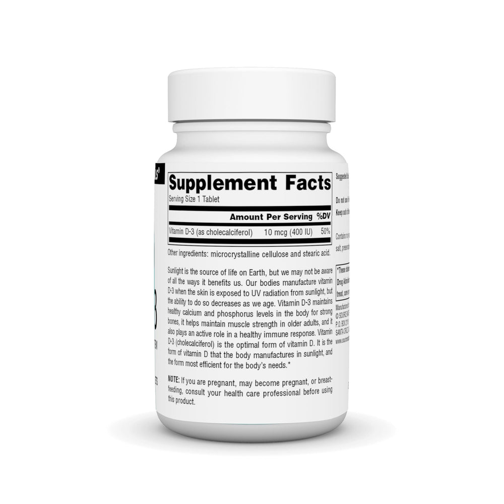 Back label with supplement facts for Vitamin D-3 400 IU 200 tablets