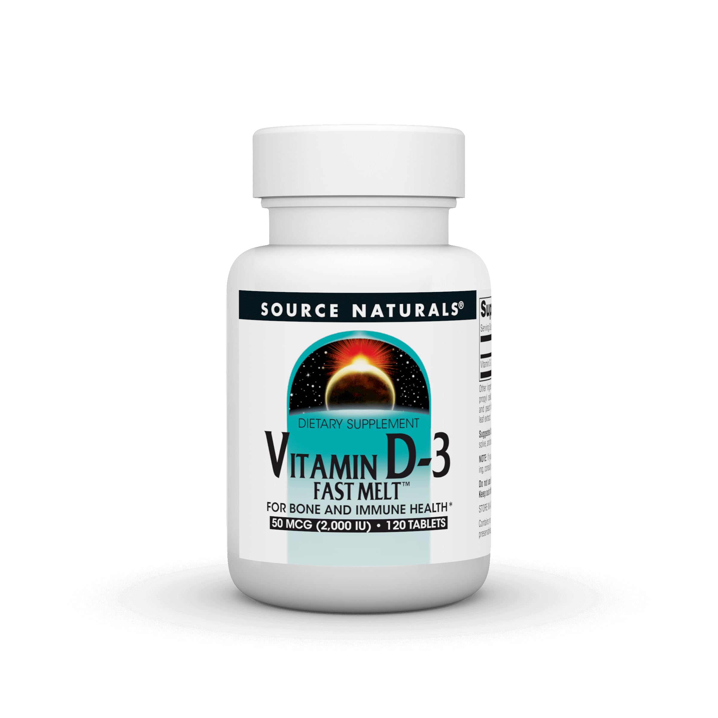 Bottle of Source Naturals Vitamin D-3 Fast Melt Black Cherry Peach flavor, 120 tablets