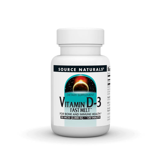 Bottle of Source Naturals Vitamin D-3 Fast Melt Black Cherry Peach flavor, 120 tablets