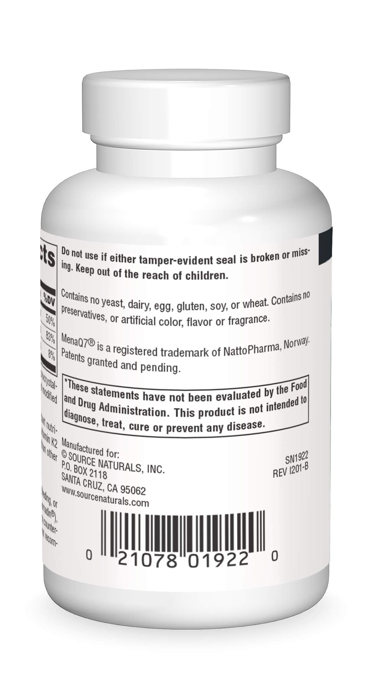 Close-up of Source Naturals Vitamin K2 + D3 tablets