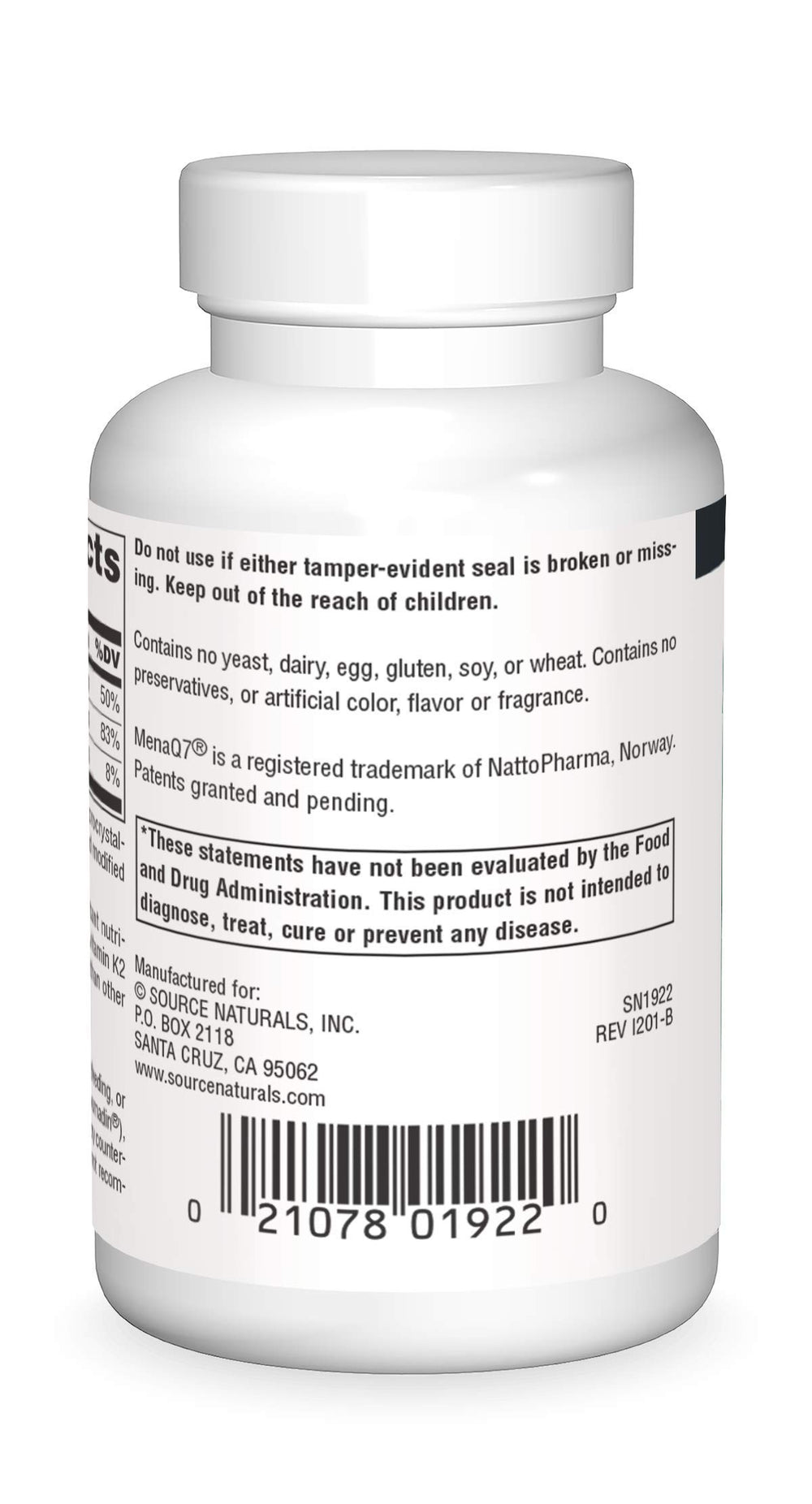 Close-up of Source Naturals Vitamin K2 + D3 tablets