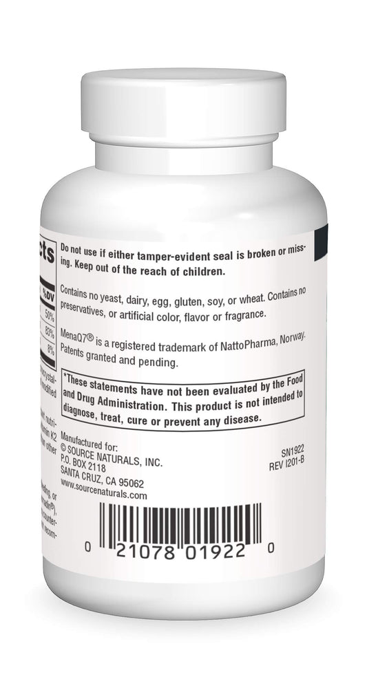 Close-up of Source Naturals Vitamin K2 + D3 tablets