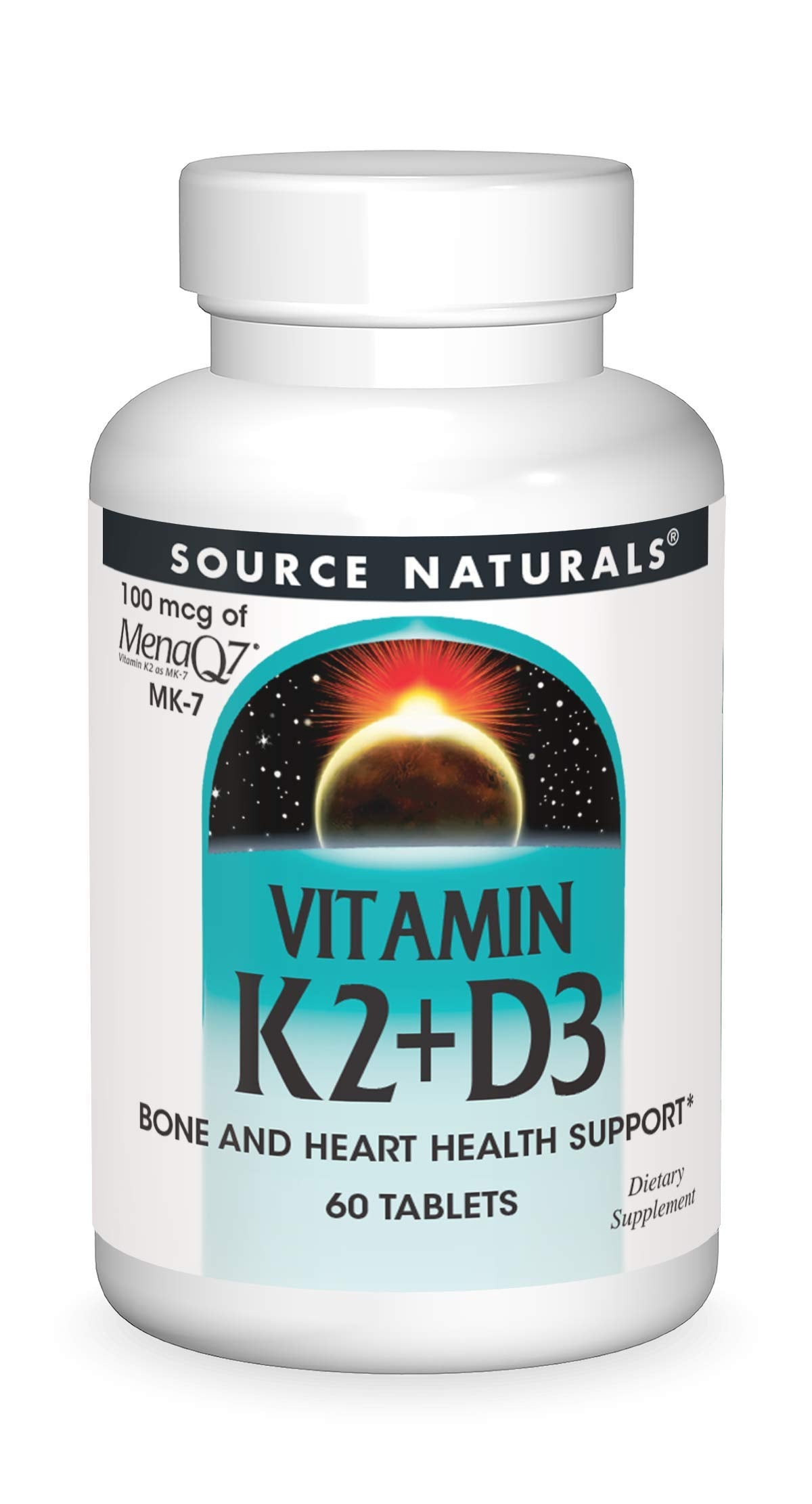 Bottle of Source Naturals Vitamin K2 + D3 with 60 tablets