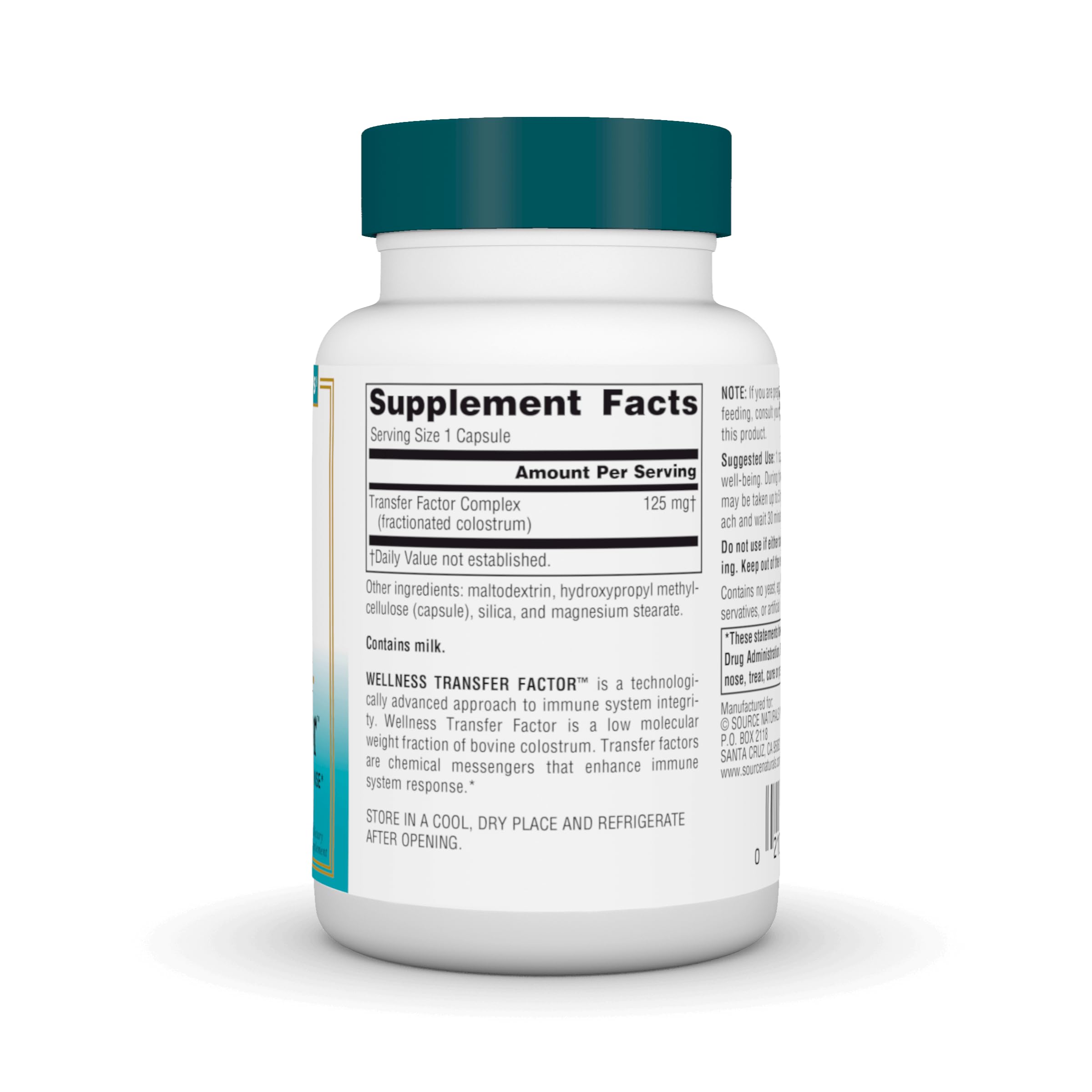 Label close-up of Source Naturals Wellness Transfer Factor 125 mg