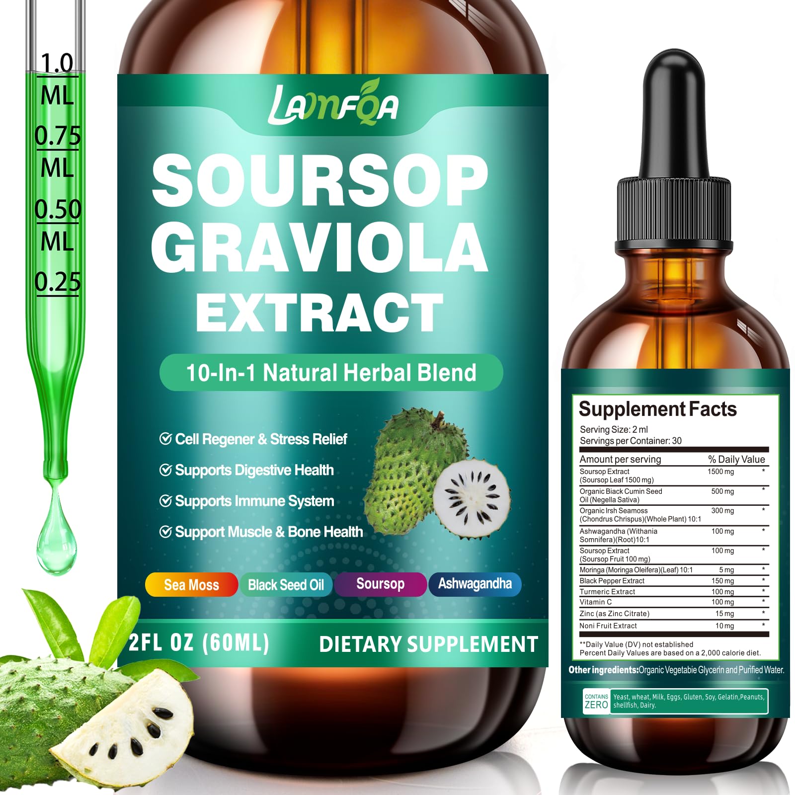 Soursop Bitters Liquid 10-in-1 bottle on white background