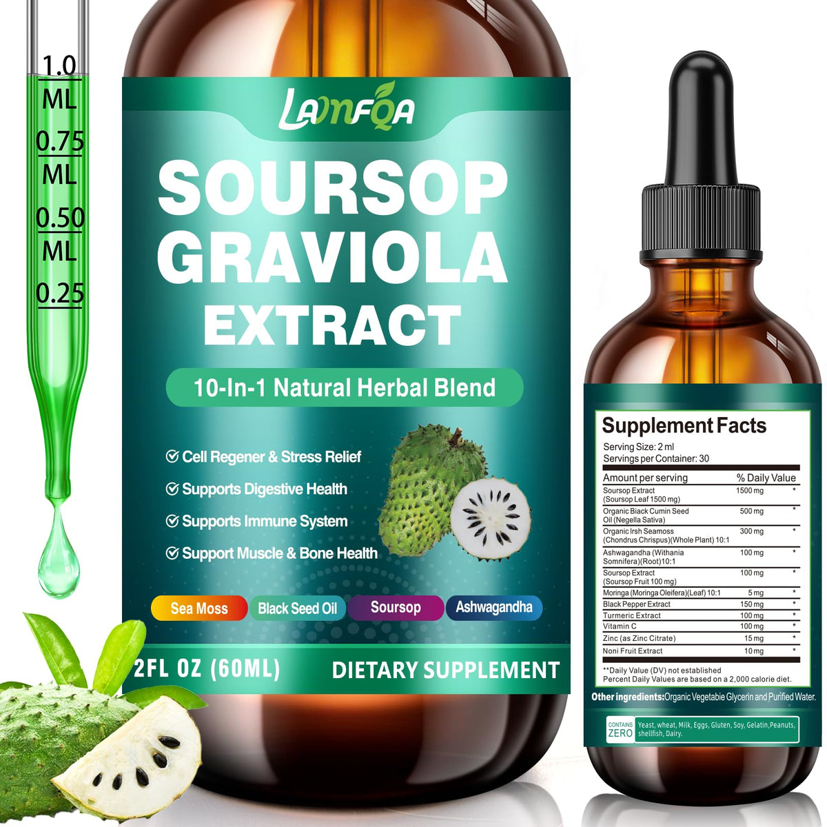 Soursop Bitters Liquid 10-in-1 bottle on white background