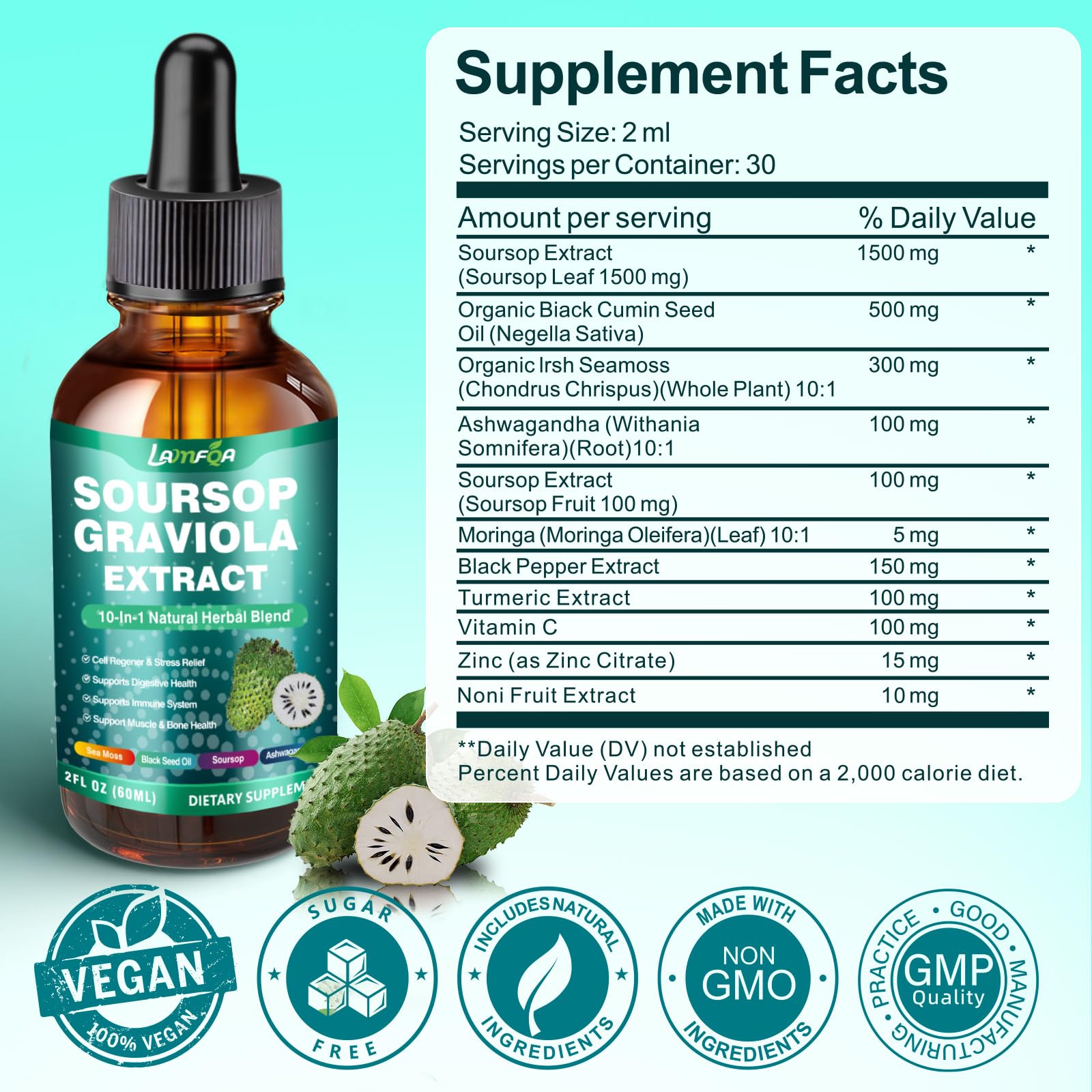 Close-up of ingredients including Sea Moss, Moringa, Ashwagandha and Turmeric