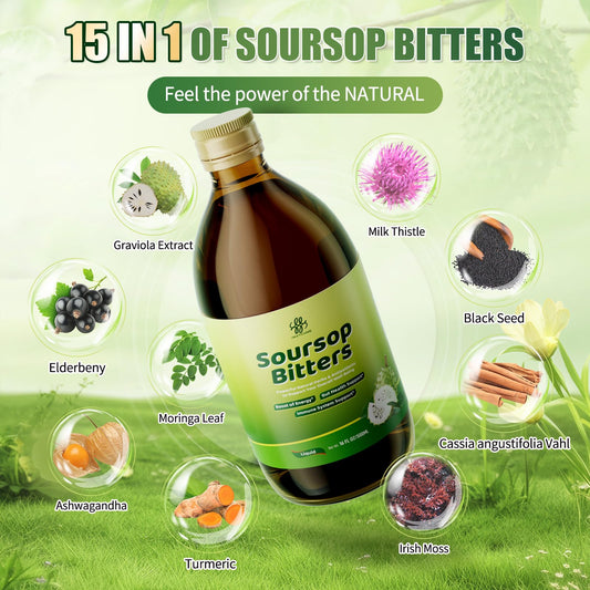 Close-up of 16 oz Soursop Bitters Liquid bottle label