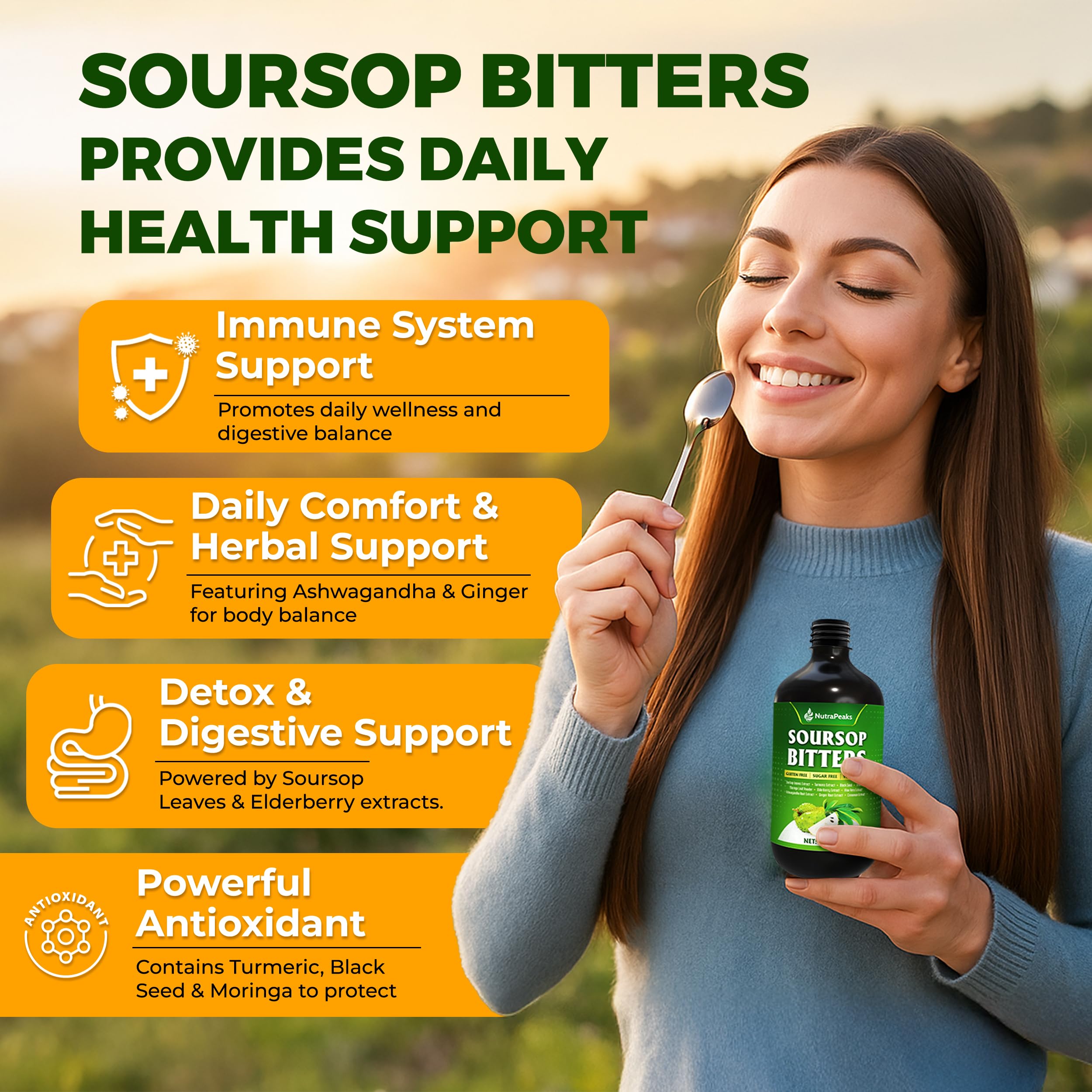 Back view of NutraPeaks Soursop Bitters Liquid bottle