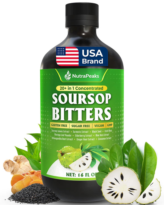 Front view of NutraPeaks Soursop Bitters Liquid bottle
