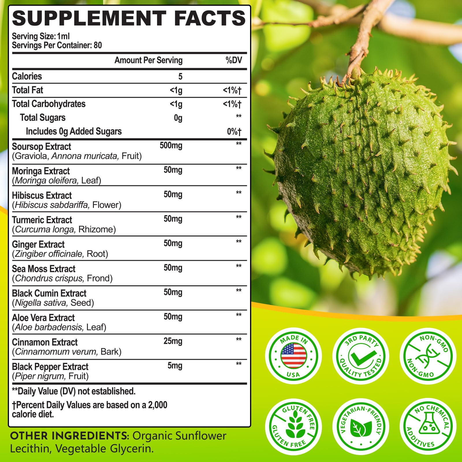Icons showing ingredients: moringa, hibiscus, cinnamon, ginger, turmeric, aloe vera, sea moss, black seed oil, black pepper