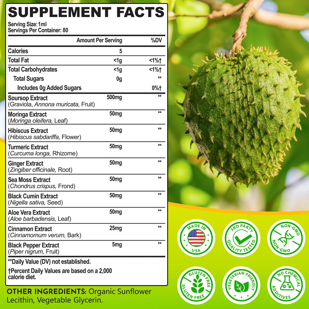 Icons showing ingredients: moringa, hibiscus, cinnamon, ginger, turmeric, aloe vera, sea moss, black seed oil, black pepper